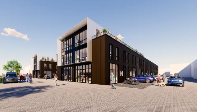 Hoekaanzicht van nieuwbouw bedrijfspand in Ermelo