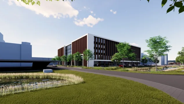 Impressie van een nieuwbouw bedrijfspand in Gouda met een representatieve gevel, grote raampartijen, groen ingerichte buitenruimte en een rustige verkeersstructuur rondom het pand