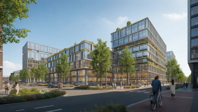 Luchtfoto van een modern bedrijfspand in Nederland, onderdeel van commercieel vastgoedproject met focus op toekomstbestendige en flexibele bedrijfsruimte.
