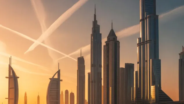 Luchtfoto van de skyline van Dubai bij zonsondergang met moderne wolkenkrabbers, illustratie van vastgoed Dubai en investeringsmarkt.