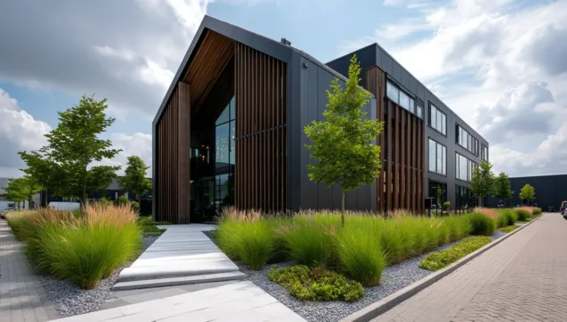 Modern nieuwbouw bedrijfspand in Drachten met donkere gevel, houten verticale lamellen, grote ramen en groen aangelegde omgeving op een bedrijventerrein.