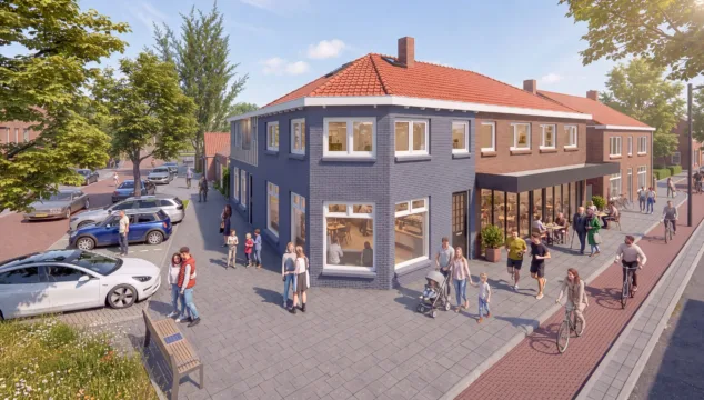 Visualisatie van een toekomstige woning aan het Davidsplein in Veenendaal met karakteristieke gevel en moderne afwerking