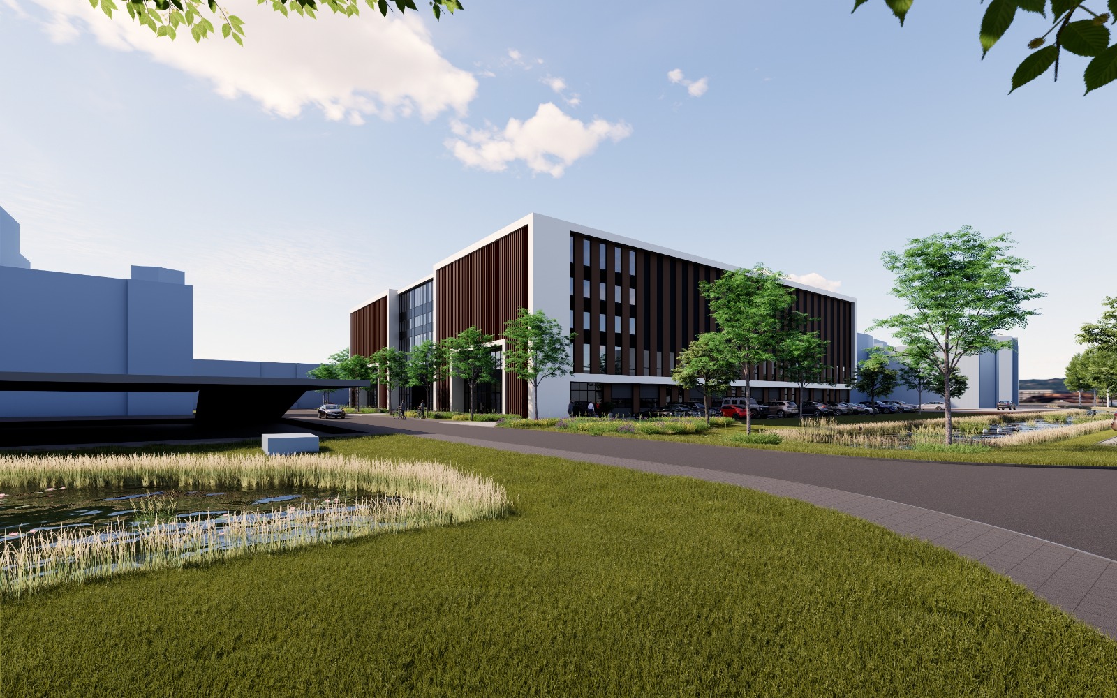 Impressie van een nieuwbouw bedrijfspand in Gouda met een representatieve gevel, grote raampartijen, groen ingerichte buitenruimte en een rustige verkeersstructuur rondom het pand
