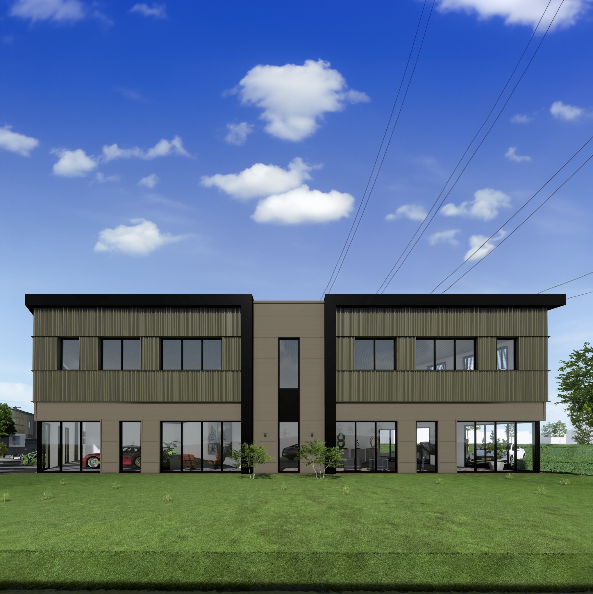 Modern bedrijfspand in Heinenoord met strakke architectuur, grote raampartijen en groene omgeving, geschikt voor zakelijke doeleinden