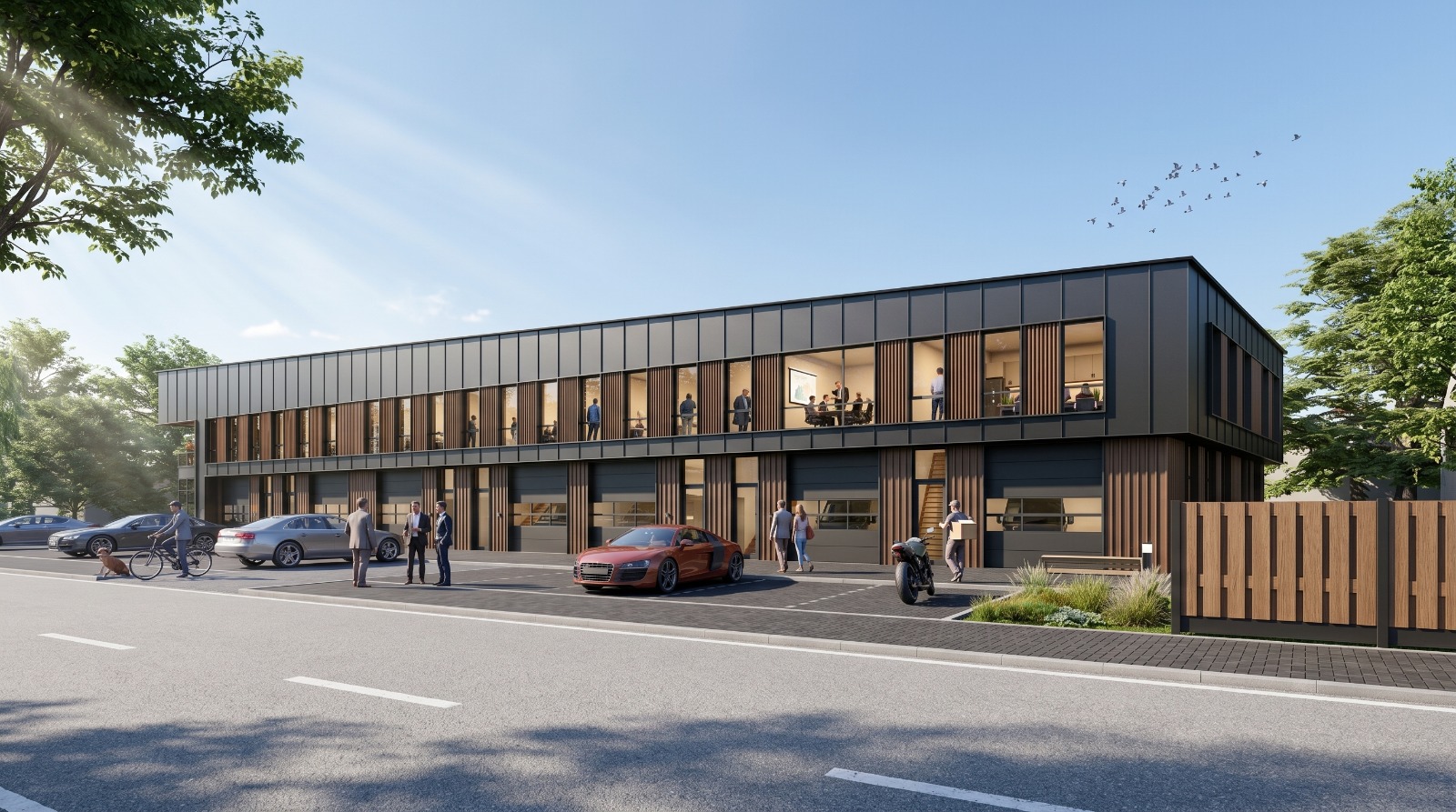 Vooraanzicht van nieuw bedrijfspand in Woerden