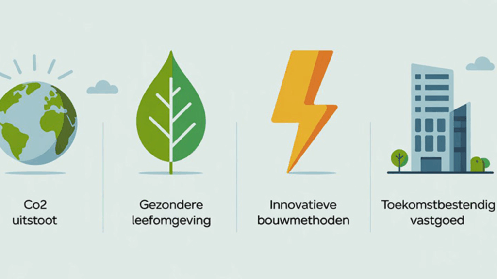 Infographic over emissieloos bouwen met vier iconen die de voordelen tonen: lagere CO₂-uitstoot, een gezondere leefomgeving, innovatieve bouwmethoden en toekomstbestendig vastgoed. De afbeelding benadrukt duurzame ontwikkeling binnen de bouwsector.