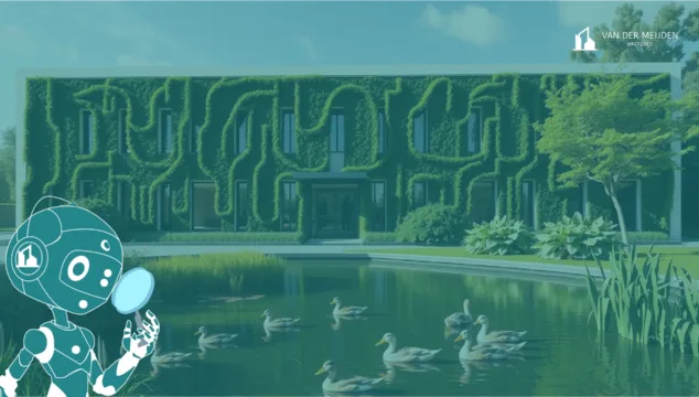 Een modern, duurzaam kantoorpand met groene gevel en vijver op de voorgrond, gecombineerd met een illustratie van een robot die data analyseert – symbool voor de inzet van AI in vastgoed en de toekomst van slimme, duurzame projectontwikkeling.