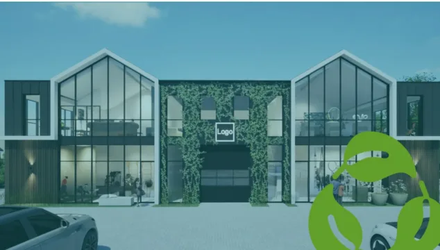 Een modern gebouw met groene gevel en grote glaspartijen dat symbool staat voor duurzame bedrijfspanden. Het ontwerp toont toekomstgericht, energiezuinig vastgoed met een moderne uitstraling.