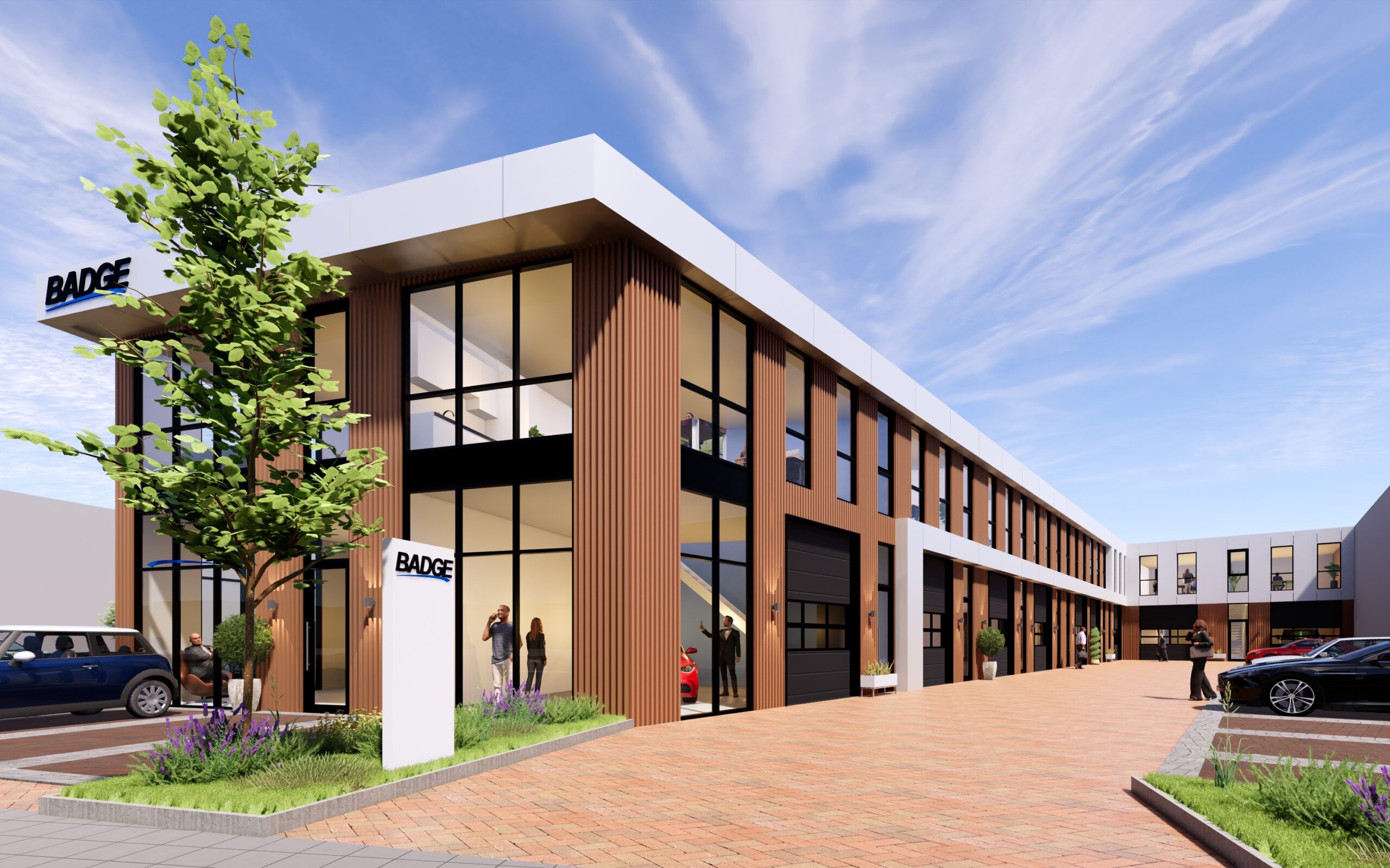 Afbeelding van een visualisatie van bedrijfspanden die momenteel worden gerealiseerd door Van der Meijden Vastgoed in Woerden.