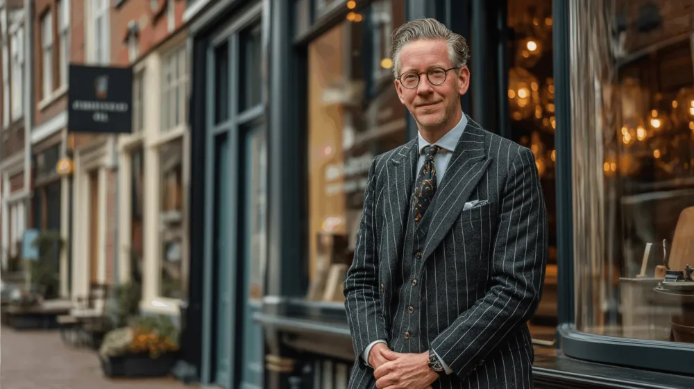 Een stijlvolle man in pak staat voor een historisch kantoorpand in een Nederlandse straat – symbool voor zakelijk succes en investeren in vastgoed via een BV.