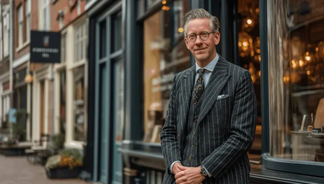 Een stijlvolle man in pak staat voor een historisch kantoorpand in een Nederlandse straat – symbool voor zakelijk succes en investeren in vastgoed via een BV.