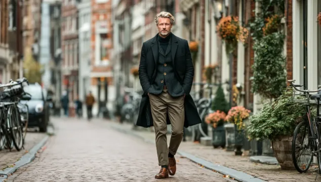 Een stijlvolle man loopt door een karakteristieke Nederlandse straat met grachtenpanden, fietsen en herfstige beplanting. De foto symboliseert waardevermeerdering van vastgoed en de aantrekkingskracht van wonen en investeren in goed onderhouden stedelijke panden.