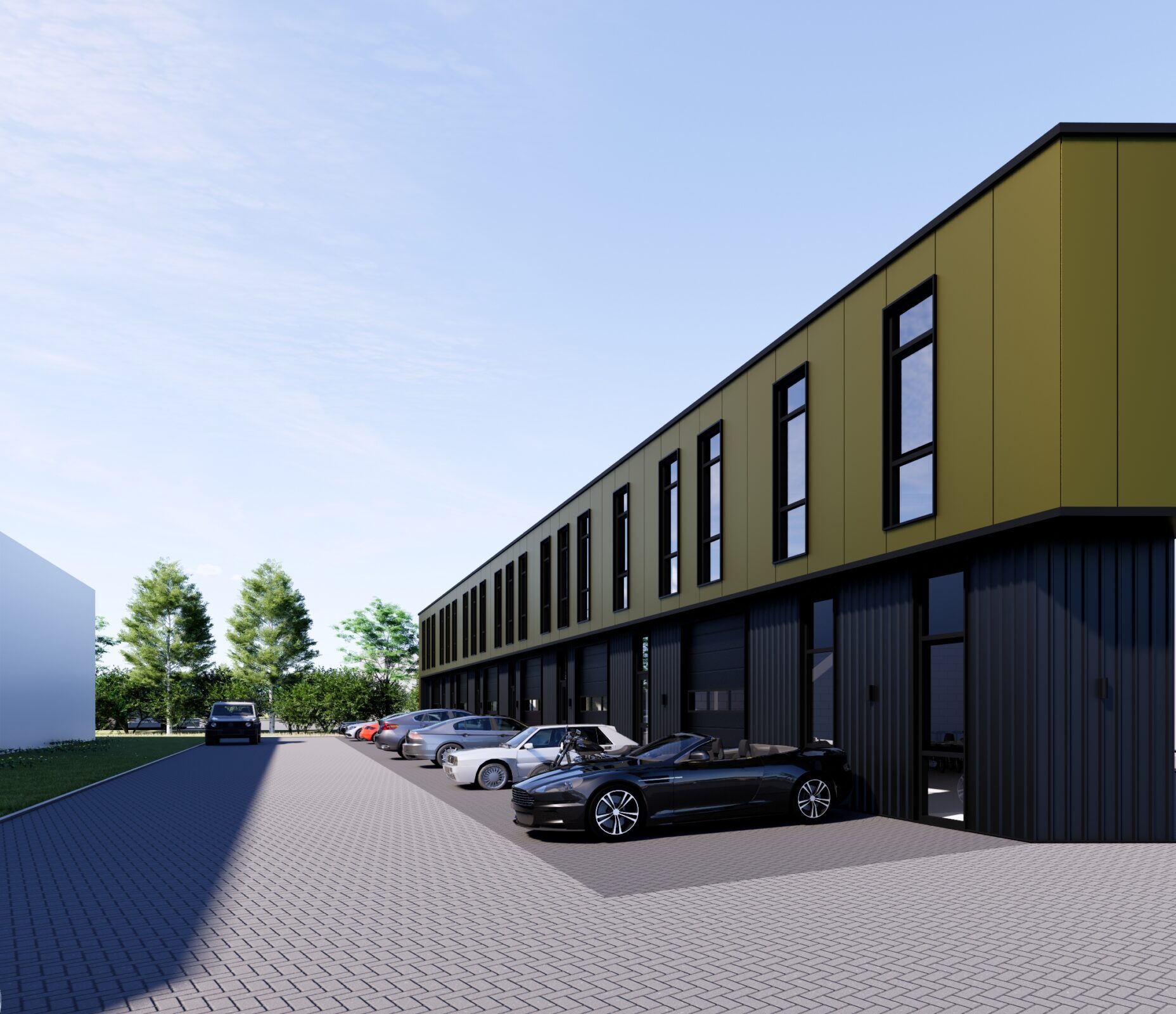 Visualisatie van een bedrijfspand in Heinenoord vanaf de voorkant van het terrein, met een lange rij moderne bedrijfsunits, zwarte gevelbekleding, goudkleurige verdieping, parkeerplaatsen en bedrijfswagens op het verharde terrein.