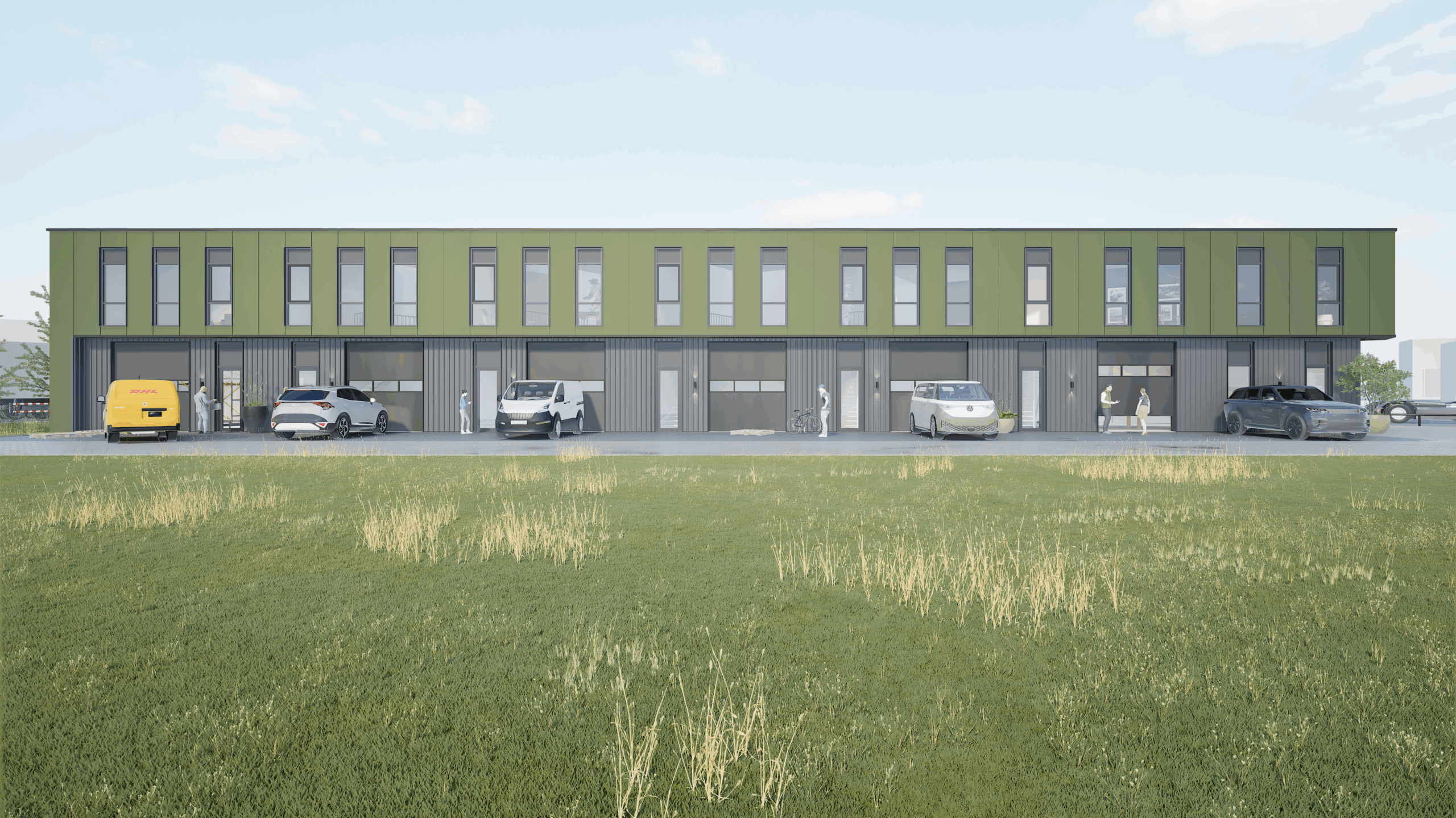 Voorzijde van nieuw bedrijfspand Heinenoord met entree en kantoorruimte