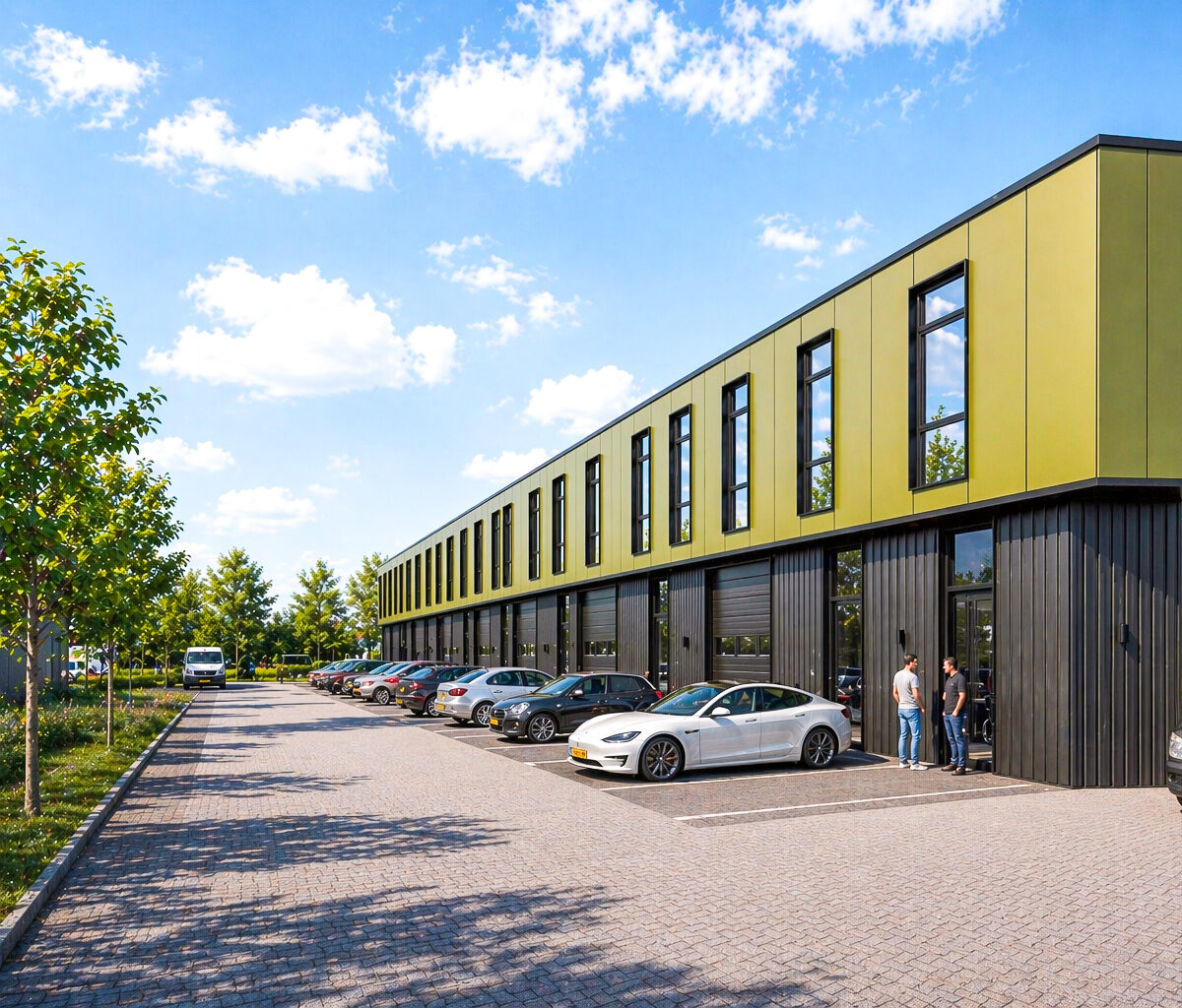 Realistische impressie van een bedrijfspand in Heinenoord met moderne bedrijfsunits, parkeerplaatsen voor de deur, bomen langs het terrein, een bedrijfsbus en twee personen bij de entree onder een heldere blauwe lucht.
