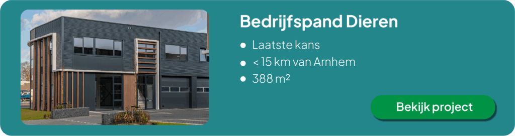 Banneradvertentie van het laatste beschikbare bedrijfspand Dieren met een moderne hoekunit voorzien van grote ramen en overheaddeuren, gelegen op minder dan 15 kilometer van Arnhem, met vermelding van 388 m2 en de oproep om het project te bekijken.
