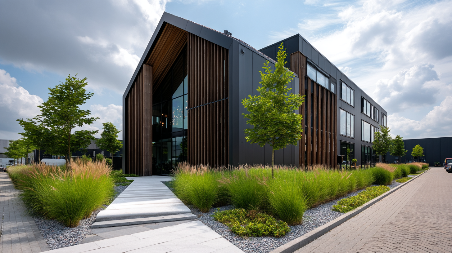 Modern nieuwbouw bedrijfspand in Drachten met donkere gevel, houten verticale lamellen, grote ramen en groen aangelegde omgeving op een bedrijventerrein.