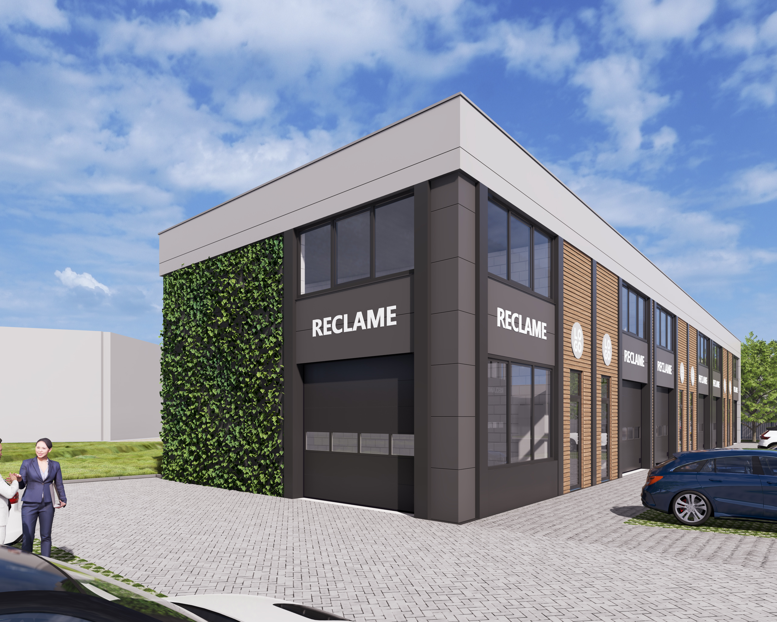 Visualisatie van een modern bedrijfspand Ammerzoden op een hoek, met een donkere overheaddeur, grote raampartijen, houten gevelaccenten, groene gevelbeplanting en parkeerplaatsen aan de zijkant.
