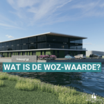 Een afbeelding van een bedrijfspand met de tekst: "Wat is de WOZ-waarde?" op de voorgrond.
