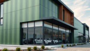 Een door AI gegenereerde visualisatie van bedrijfspanden in Purmerend. In dit specifieke bedrijfspand is een showroom te zien van luxe auto's.