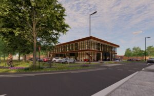 Gedetailleerd beeld van een bedrijfspand in 't Harde, met ruime parkeergelegenheid en moderne architectuur, perfect geschikt voor zakelijke activiteiten