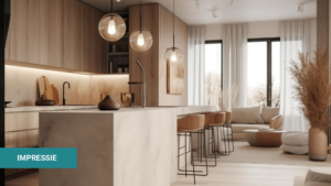 Impressie van een modern appartement in Zaandam met een sfeervolle open keuken, lichte houten kasten, een marmeren kookeiland en warme verlichting. Het interieur ademt een natuurlijke en eigentijdse sfeer met een zitgedeelte en stijlvolle woonaccessoires.