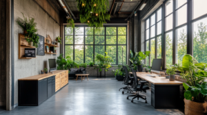 Stijlvol ingericht kantoor in een bedrijfspand in Eindhoven, met industriële uitstraling, veel natuurlijk licht, houten meubels en groene planten, ideaal voor een inspirerende werkomgeving.