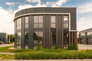 Vooraanzicht van een modern bedrijfspand in Dieren, nabij Arnhem, met opvallende ronde kopzitting, grote raampartijen en duurzame bouw. Het pand biedt een stijlvolle uitstraling en is geschikt voor gebruik als kantoor, showroom of opslagruimte.