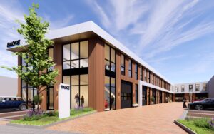 Impressie van hoogwaardige bedrijfspanden aan de Edisonweg in Woerden, ontwikkeld door van der Meijden Vastgoed. Moderne architectuur met grote ramen, luxe uitstraling en voldoende parkeergelegenheid, ideaal gelegen nabij de A12. Geschikt voor ambitieuze ondernemers die een bedrijfspand zoeken op een toplocatie.