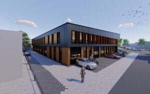 Architectonische visualisatie van een modern bedrijfspand in Woerden met een strakke, eigentijdse uitstraling. De gevel combineert zwarte en houtkleurige panelen, met grote glazen ramen op de eerste verdieping. De begane grond beschikt over meerdere units met overheaddeuren en aparte toegangsdeuren. Op de voorgrond zijn parkeerplaatsen met auto's en voetgangers zichtbaar.