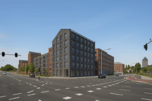 Straatbeeld van appartementencomplex Tijdgeest in Zaandam, omringd door groen en stedelijke rust – een aantrekkelijke locatie voor wie zoekt naar een appartement te koop in Zaandam.