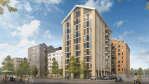 Architectonische impressie van appartementencomplex Tijdgeest in Zaandam met eigentijds ontwerp, strakke lijnen en een rustige omgeving – perfect voor kopers die een appartement te koop in Zaandam overwegen.