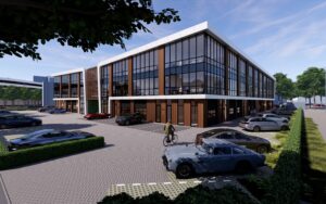 Hoekaanzicht van een representatief bedrijfspand in Eindhoven met grote raampartijen, houtaccenten en ruime parkeergelegenheid.