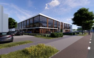 Straataanblik op een representatief bedrijfspand in Eindhoven, gelegen aan een fietspad en voorzien van moderne architectuur met glas en hout.