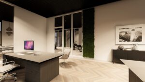 Luxe ingerichte kantoorruimte binnen fase 1 van bedrijfspand Oudenbosch, met modern interieur en zicht op de bedrijfsruimte.
