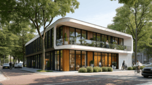 Moderne tweelaagse gevel van een bedrijfspand in Ermelo met afgeronde hoeken, veel glas, houten latten en groene omgeving.