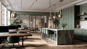 Bedrijfspand in Ermelo met open werkruimte, luxe baropstelling, groen design en marmeren details.